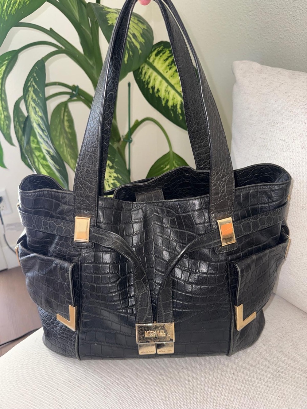 Michael Korse Beverly Large Black Leather Croc-Embossed Satchel Shoulder Purse